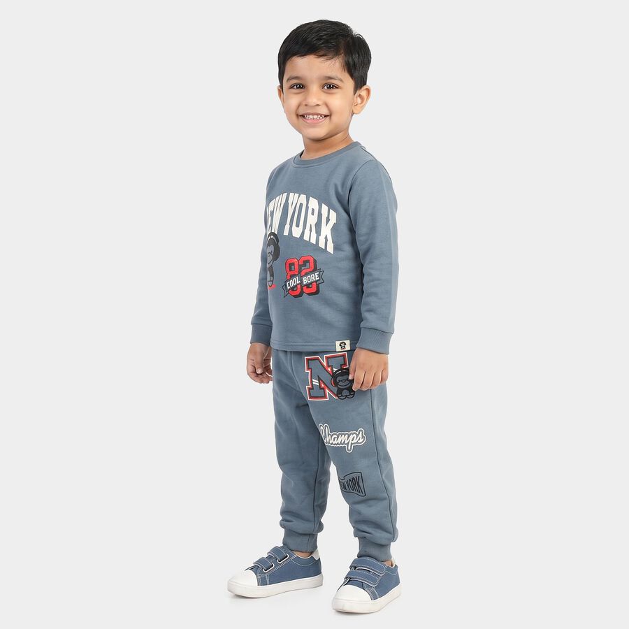 Boys Blue Crew Neck Graphic Print Baba Suit, Mid Blue, large