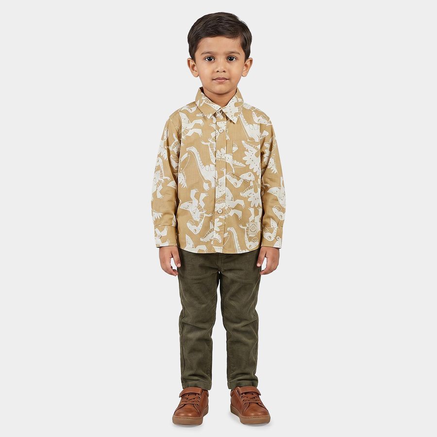 Boys Beige Cotton Printed Regular Fit Shirt, Beige, large