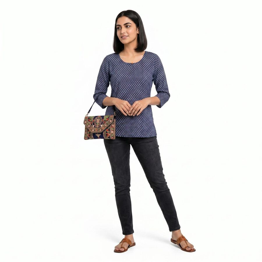 Women's Navy Blue Round Neck Printed Kurti, गहरा नीला, large