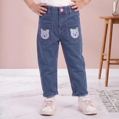 Girls' Blue Straight Fit Embroidered Jeans