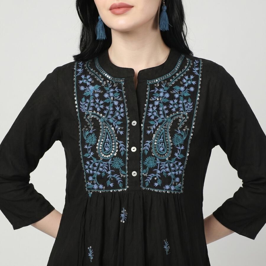 Women's Black Band Collar Embroidered Kurta, Black, large