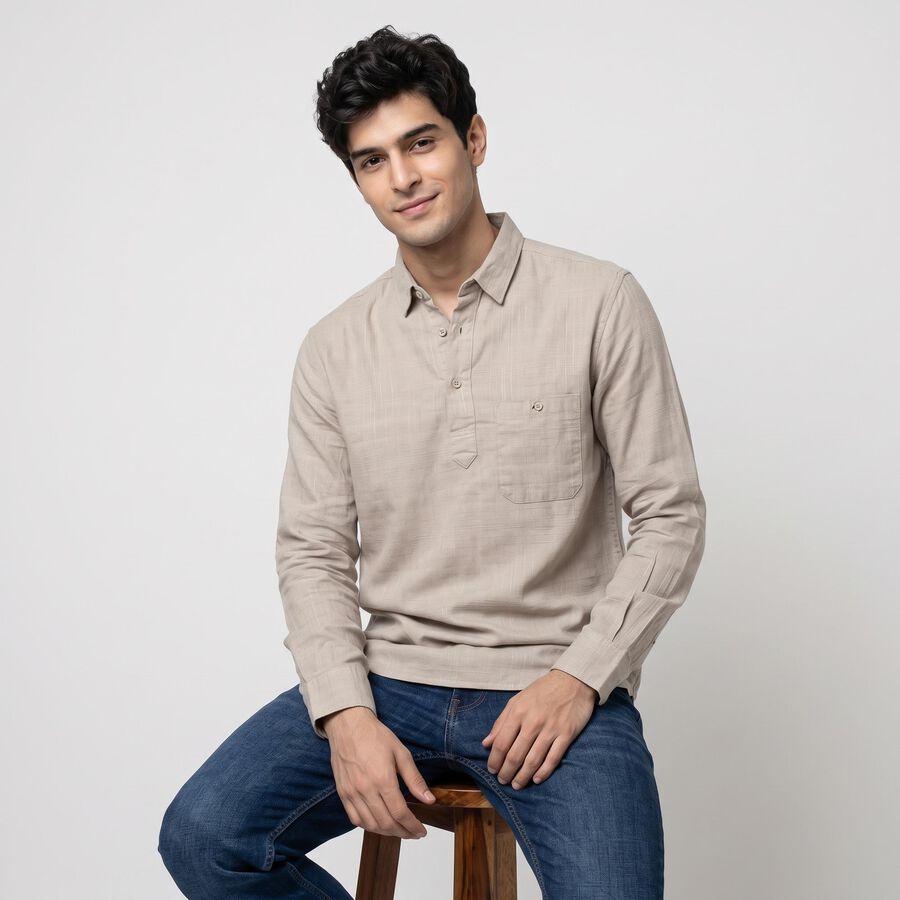 Men's Light Grey Cotton Long Sleeve Collar Shirt, Light Grey, large