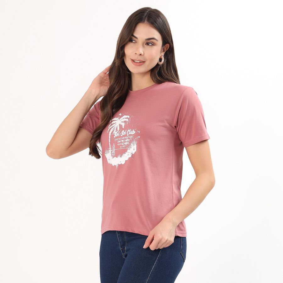 Women's Bright Purple Round Neck Casual T-Shirt, Purple, large