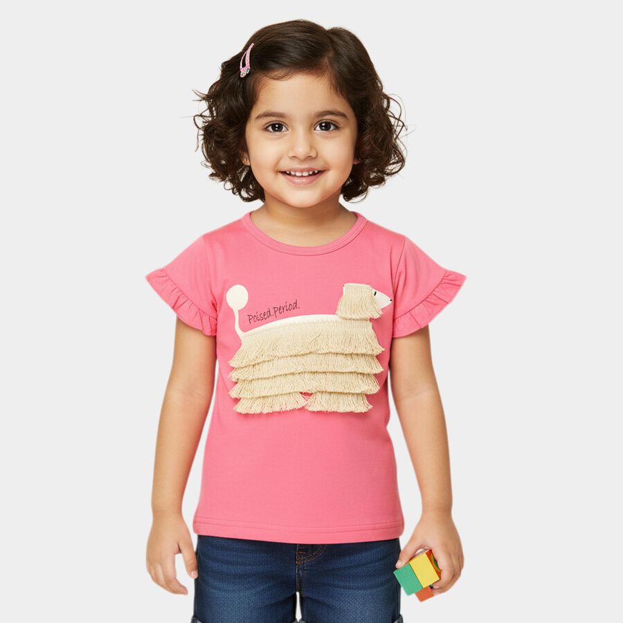 Girls' Pink Cotton Round Neck Romantic T-Shirt, Pink, large
