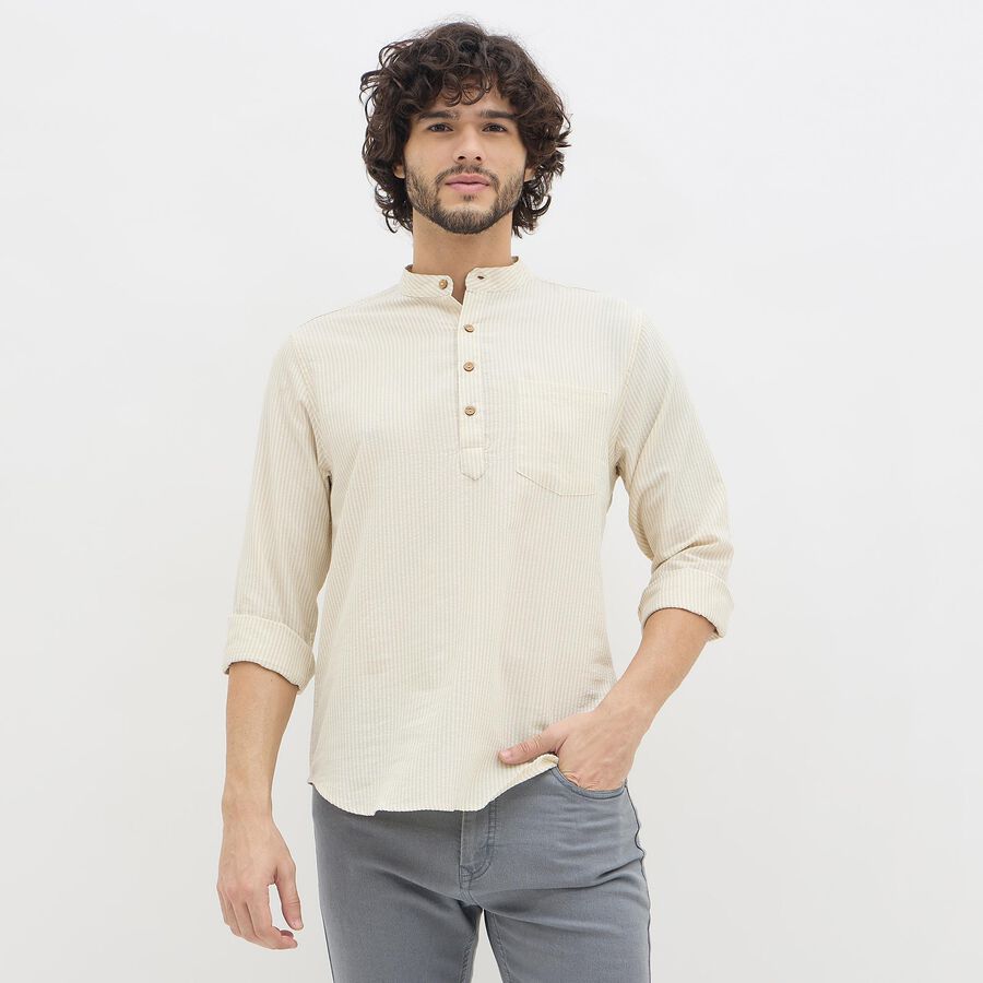 Men's Light Beige Mandarin Collar Self Design Kurta, Beige, large