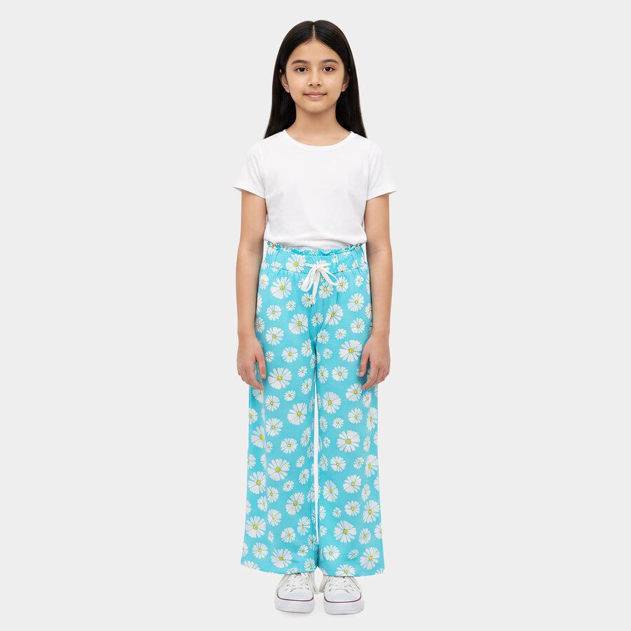 Girls' Light Green Straight Fit Floral Printed Cotton Blend Pyjama, हल्का हरा, large
