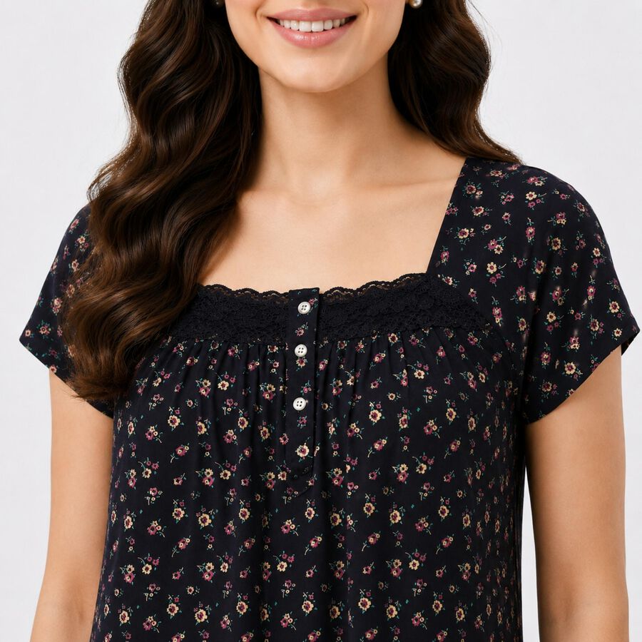 Women Navy Blue Square Neck A-Line Nighty, Navy Blue, large