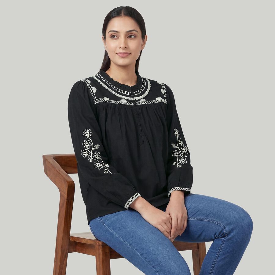 Women's Black Cotton Half Sleeve Classic Collar Casual Shirt, Black, large