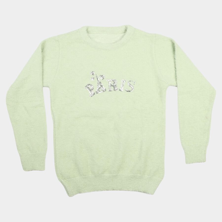 Girls Mint Green Crew Neck Sequin Detail Pullover, हल्का हरा, large
