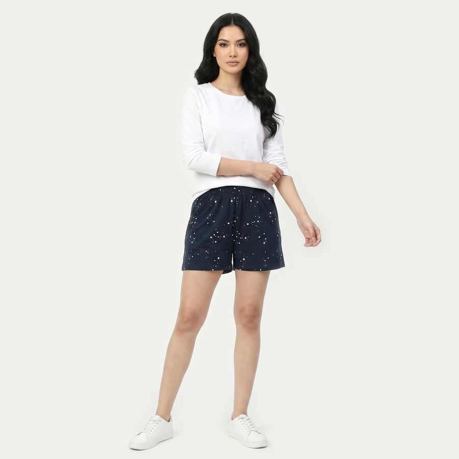 Women's Navy Blue Regular Fit Star Print Shorts, नेवी ब्लू, large
