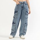 Ladies' 100% Cotton Jeans, मध्यम नीला, small image number null