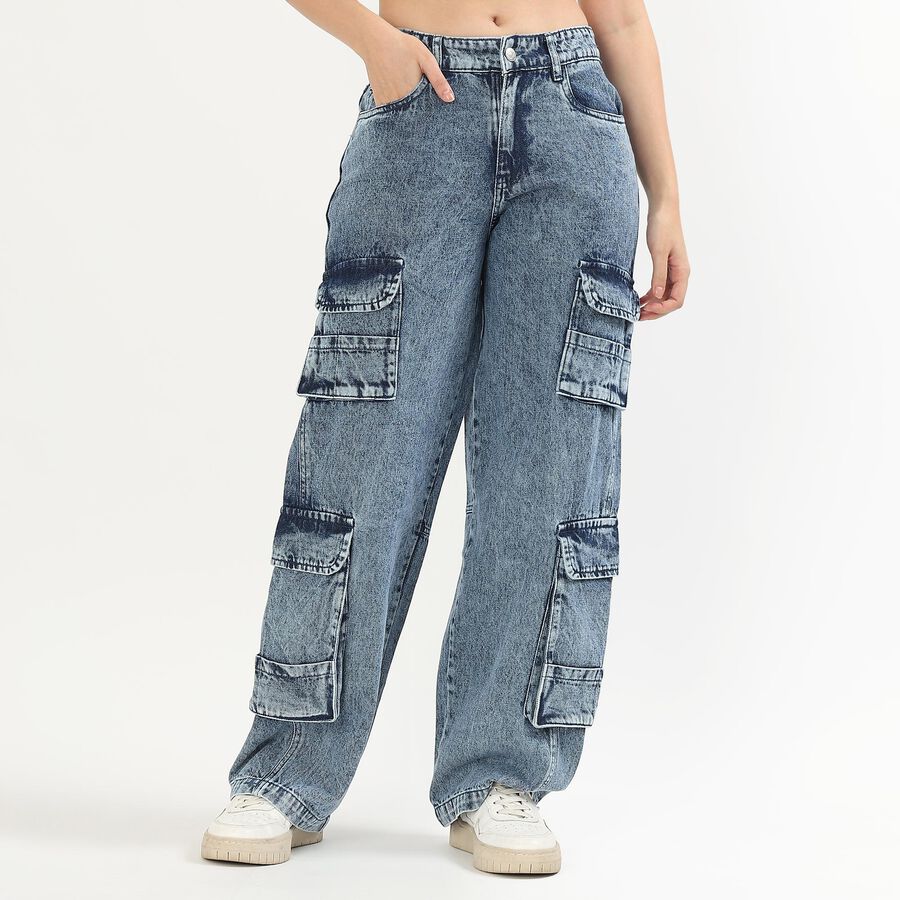 Ladies' 100% Cotton Jeans, मध्यम नीला, large image number null