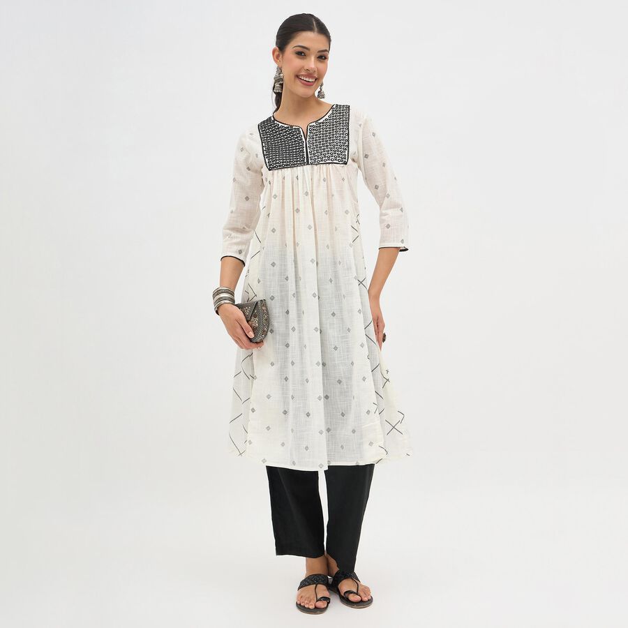 Women's White Cotton Round Neck Embroidered Kurta, Off White, large image number null