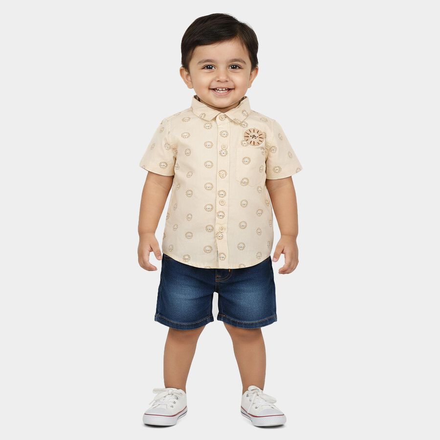 Infants Beige 100% Cotton Animal Print Collar Regular Fit Shirt, Beige, large
