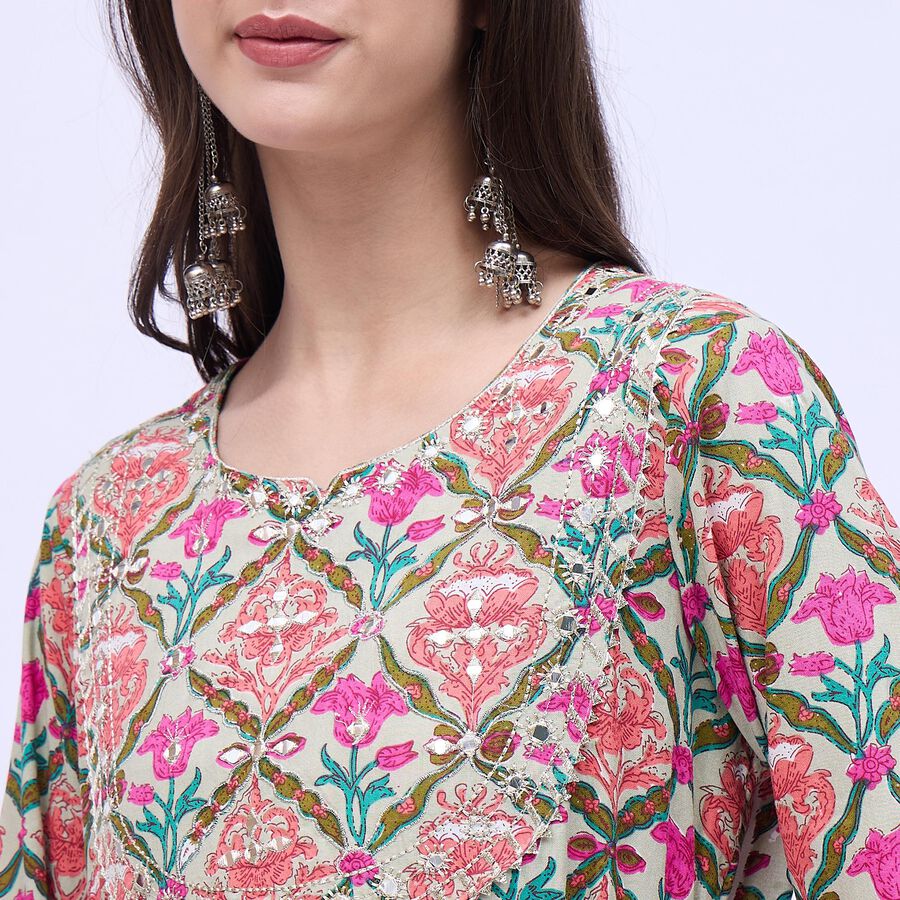 Women's Beige Round Neck Floral Embroidered Kurta, Beige, large image number null