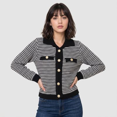 Women Black Collared Button-Front Cardigan