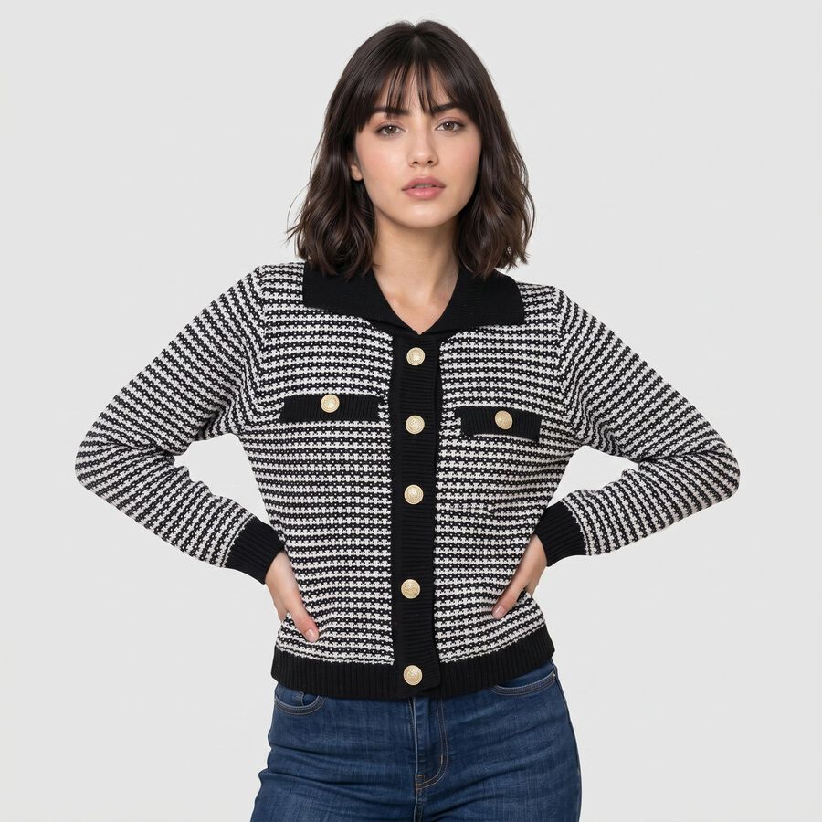 Women Black Collared Button-Front Cardigan, Black, large