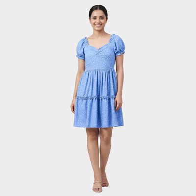 Women's Light Blue V-Neck Floral Tiered Dress