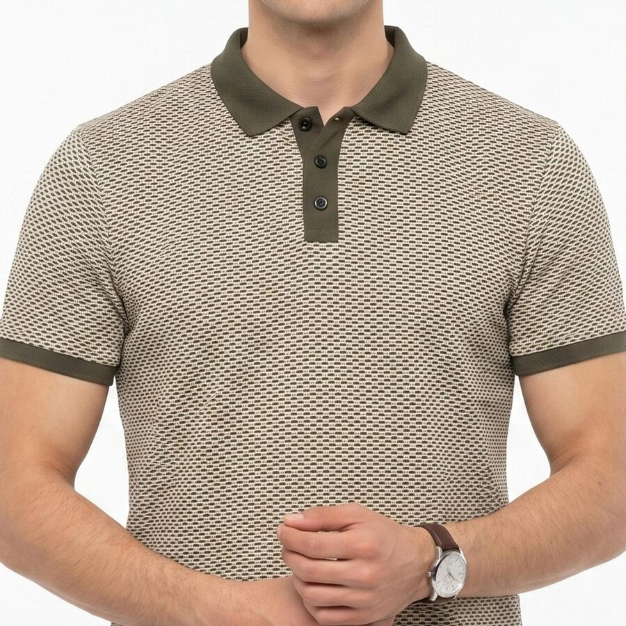Men's Grey Polo Neck Geometric Polo T-Shirt, गहरा ग्रे, large