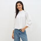 Women's Eggshell White Mandarin Collar Classic Shirt, ऑफ व्हाइट, small image number null