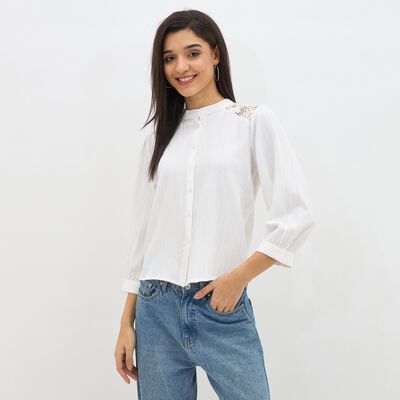 Women's Eggshell White Mandarin Collar Classic Shirt