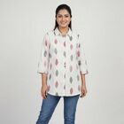 Women's White Cotton Notch Neck Floral Printed Kurti, Off White, small