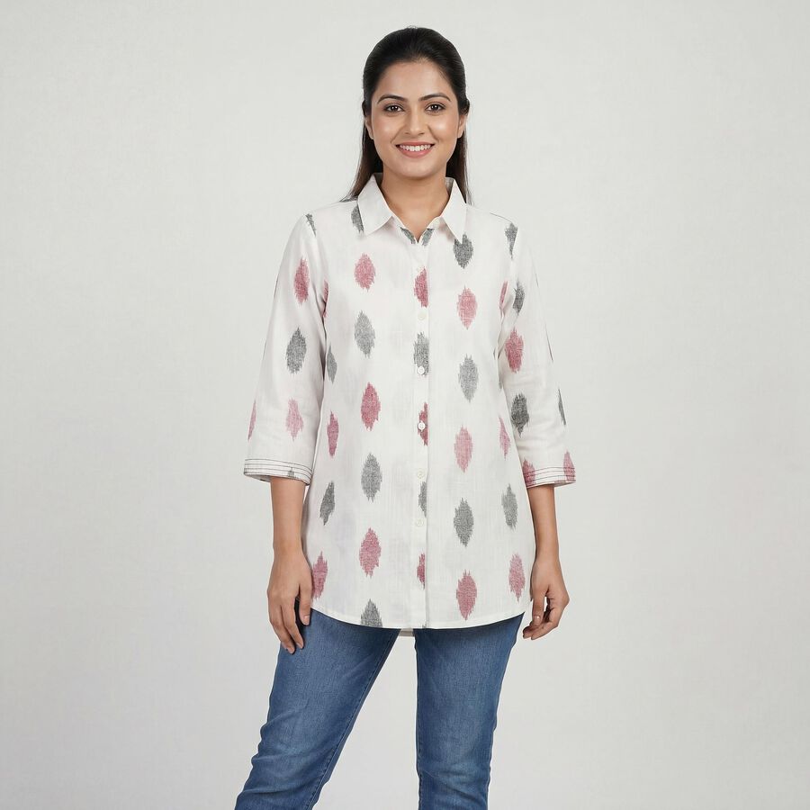 Women's White Cotton Notch Neck Floral Printed Kurti, Off White, large