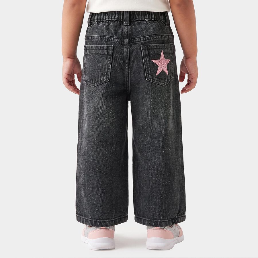 Girls' Black Wide Leg Star Printed Jeans, Black, large