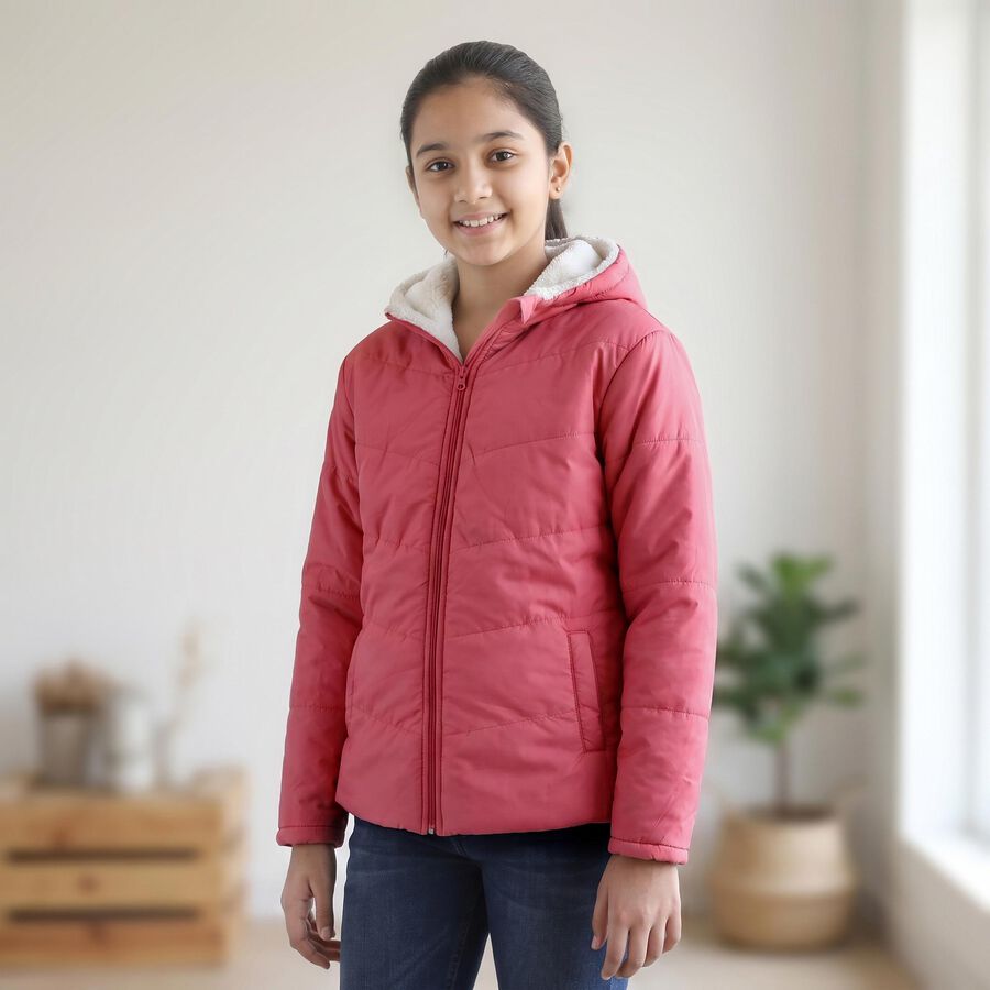 Girls' Pink Hooded Puffer Jacket, Pink, large
