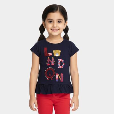 Girls' Navy Blue Cotton Round Neck Graphic Printed T-Shirt