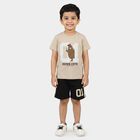 Boys Beige 100% Cotton Round Neck Graphic Print Baba Suit, गहरा पीला, small