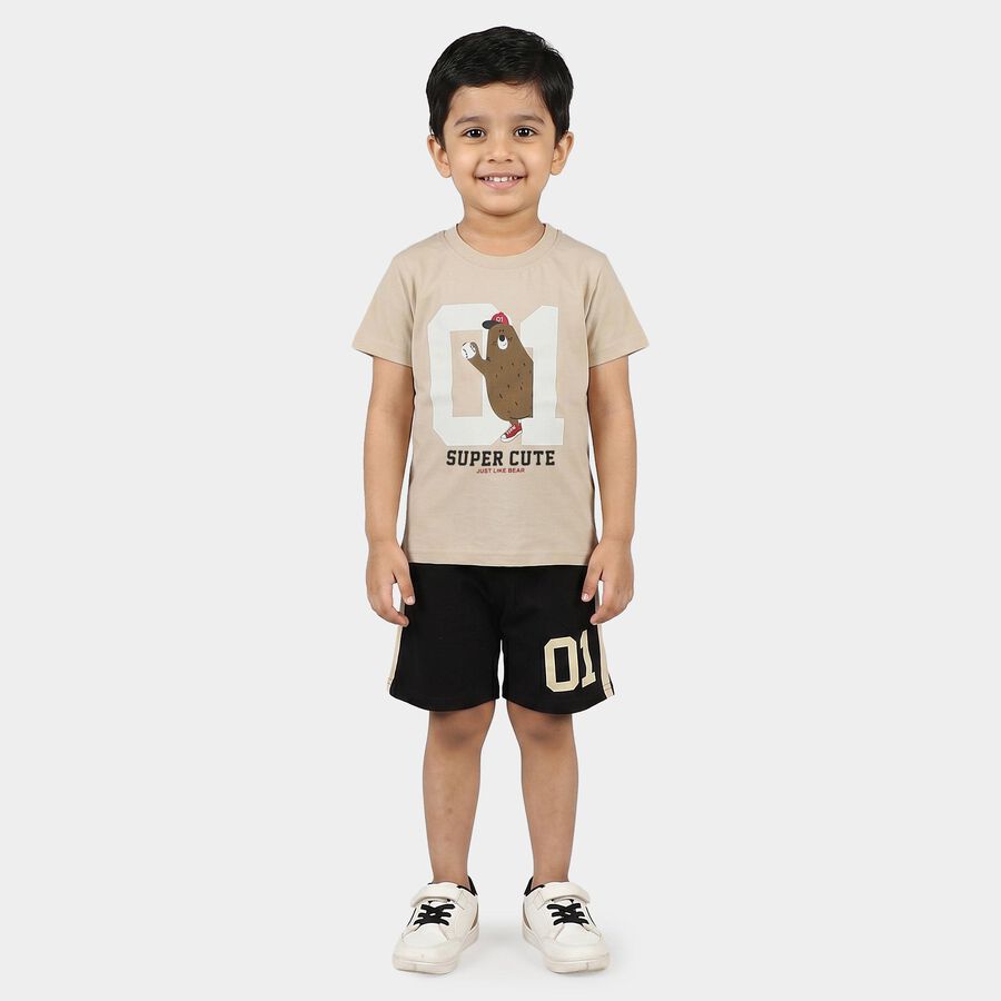 Boys Beige 100% Cotton Round Neck Graphic Print Baba Suit, गहरा पीला, large