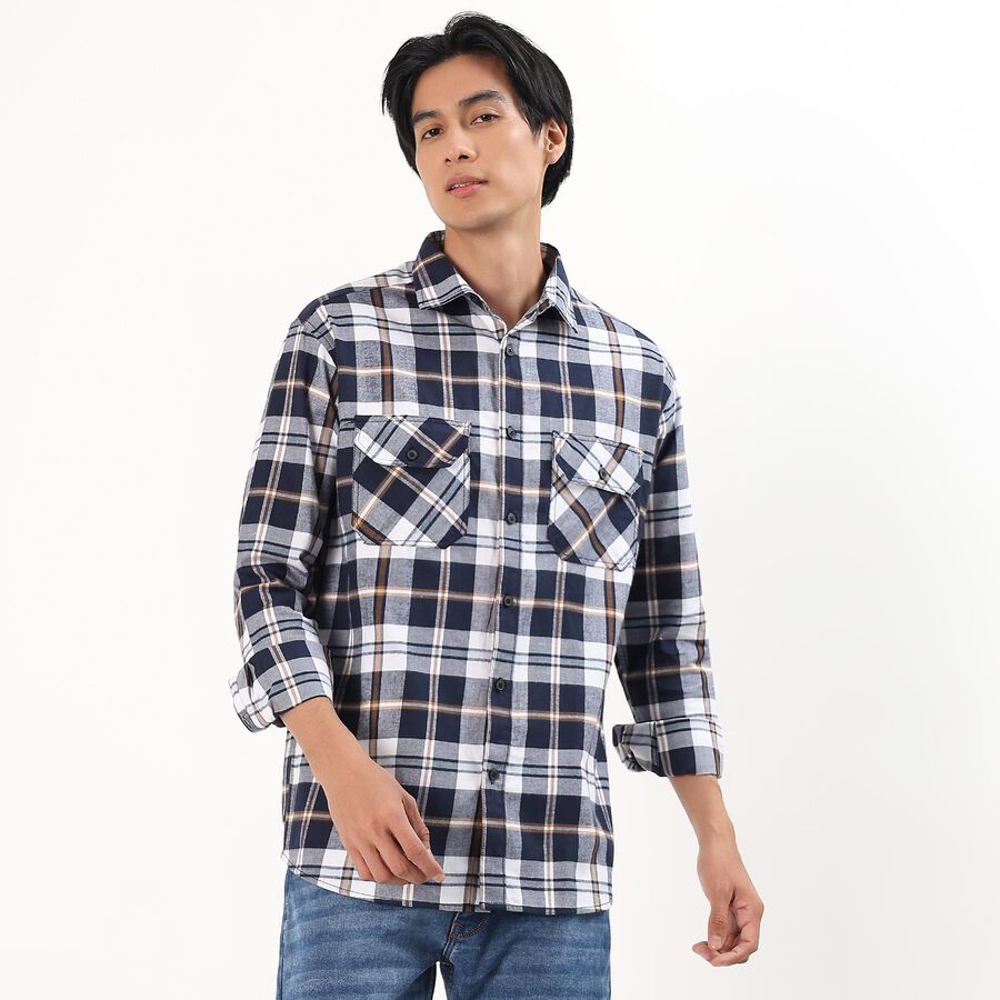 Men's Navy Blue Cotton Full Sleeve Button-Down Casual Shirt, Dark Blue, large image number null