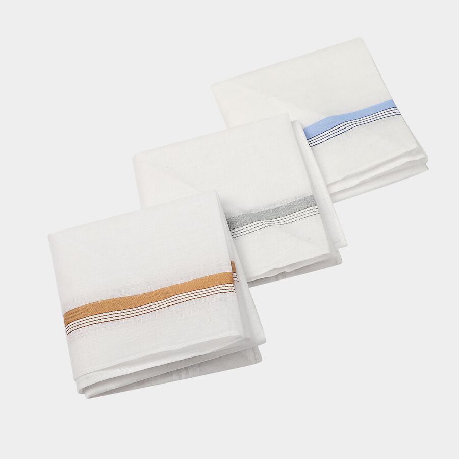 Men's White Striped Pack of 3 Handkerchief, White, large