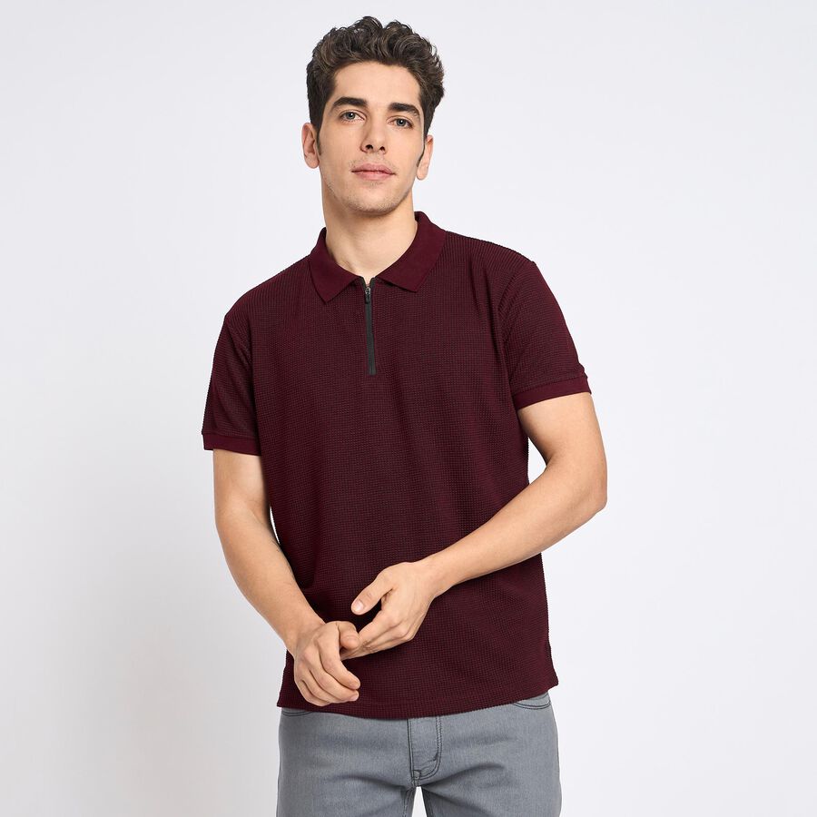 Men's Collared Half Sleeves T-Shirt, Wine, large