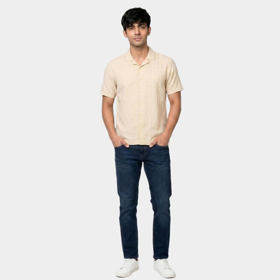 Men's Beige Cotton Casual Shirt, गहरा पीला, large