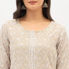 Women's Muted Beige Round Neck Embroidered Kurta, गहरा पीला, small