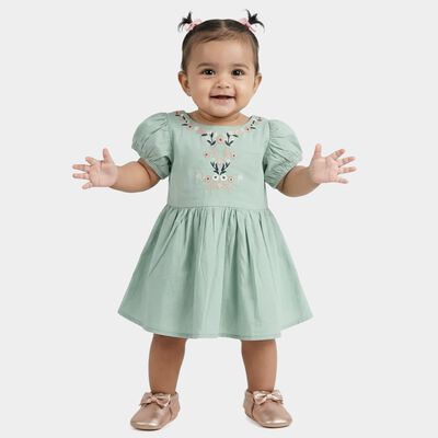 Infants' Aqua Cotton Puff Sleeve Embroidered Fit and Flare Frock