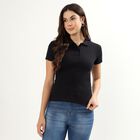 Women's Deep Jet Black Cotton Blend Polo Collar Preppy Polo T-Shirt, काला, small