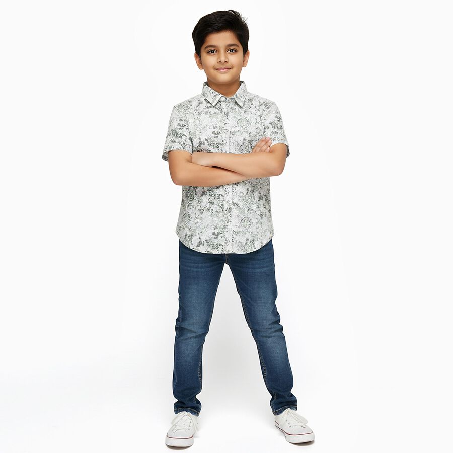 Boys Light Sage Green and White Cotton Half Sleeve Classic Collar Casual Shirt, Light Green, large image number null