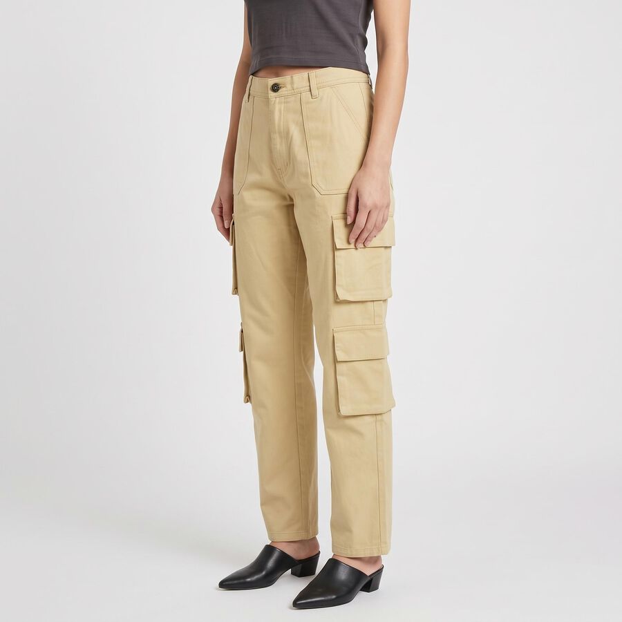 Women's Beige Straight Fit Cargo Trousers, Beige, large