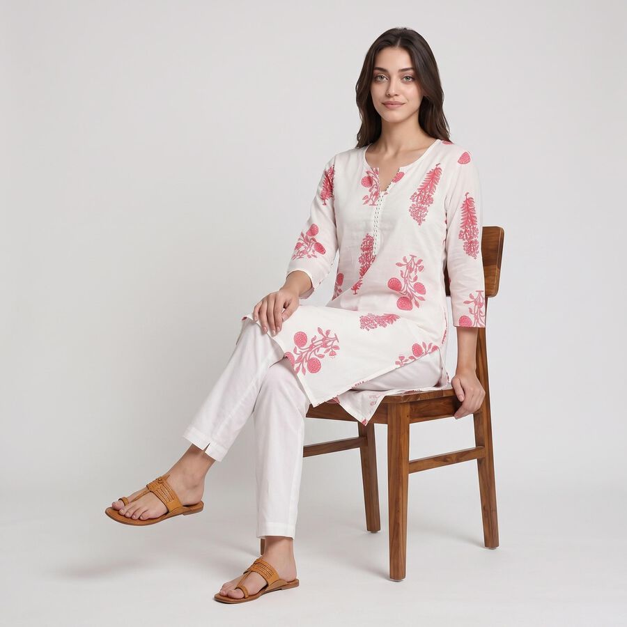 Women's Pink Notch Neck Floral Printed Kurta, Pink, large