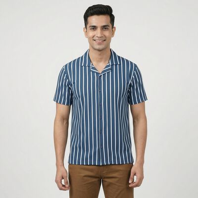Men's Blue Spread Collar Casual Shirt