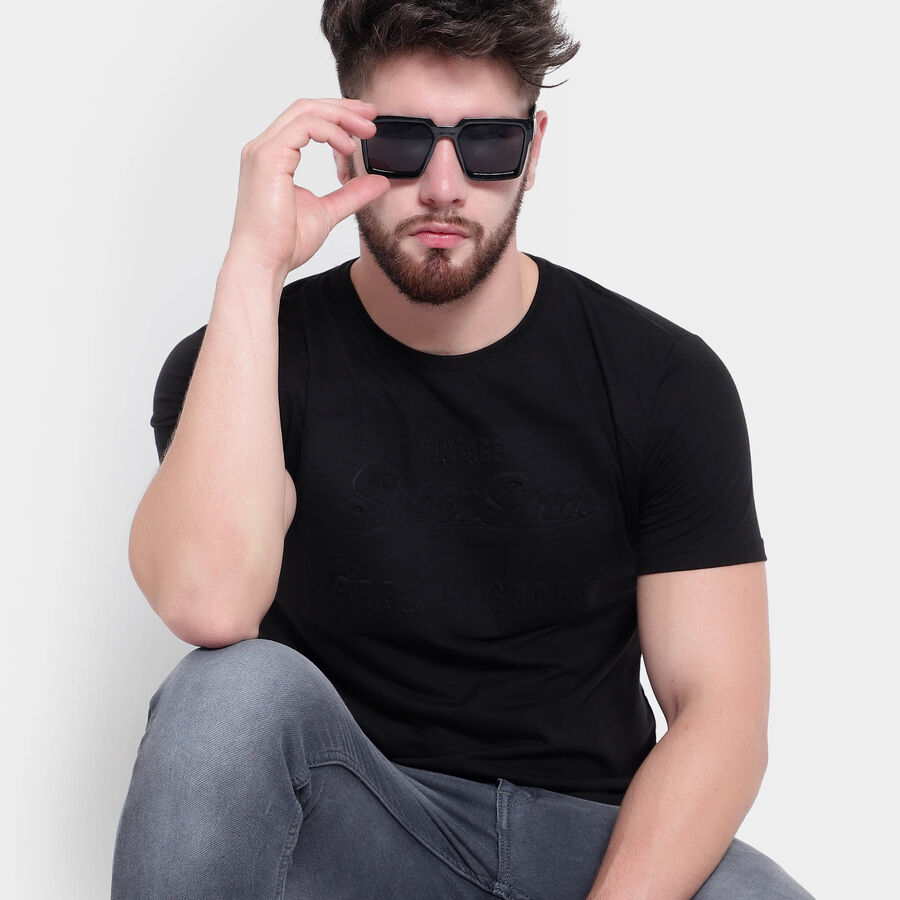 Cotton Solid Round Neck T-Shirt, Black, large image number null