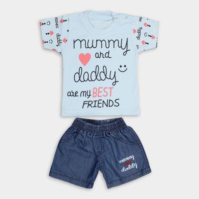 Boys' Light Blue Round Neck Printed Baba Suit