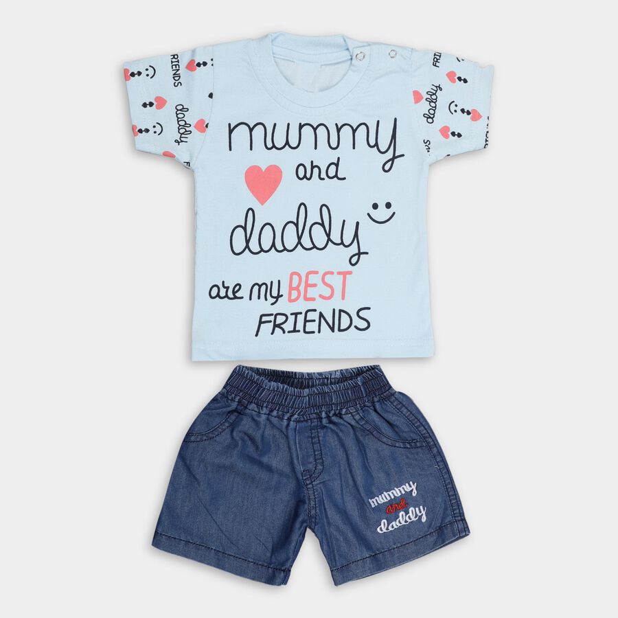 Boys' Light Blue Round Neck Printed Baba Suit, Light Blue, large image number null