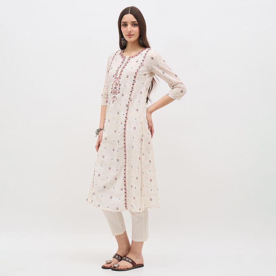 Women's Eggshell White Cotton Round Neck Embroidered Kurta, ऑफ व्हाइट, large image number null