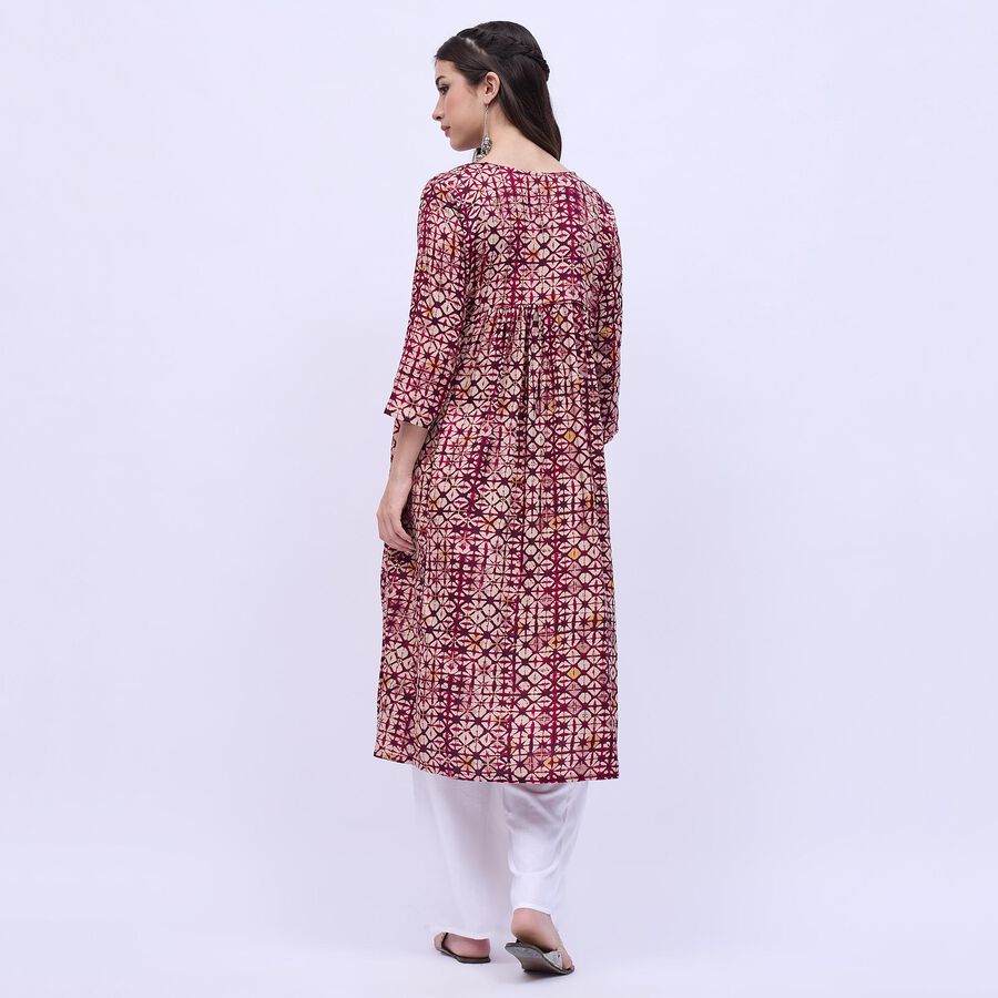 Women's Burgundy Round Neck Printed Kurta, वाइन, large
