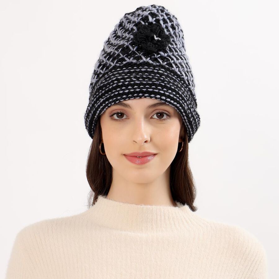 Women's Black and Grey Knitted Beanie Cap, Black, large image number null