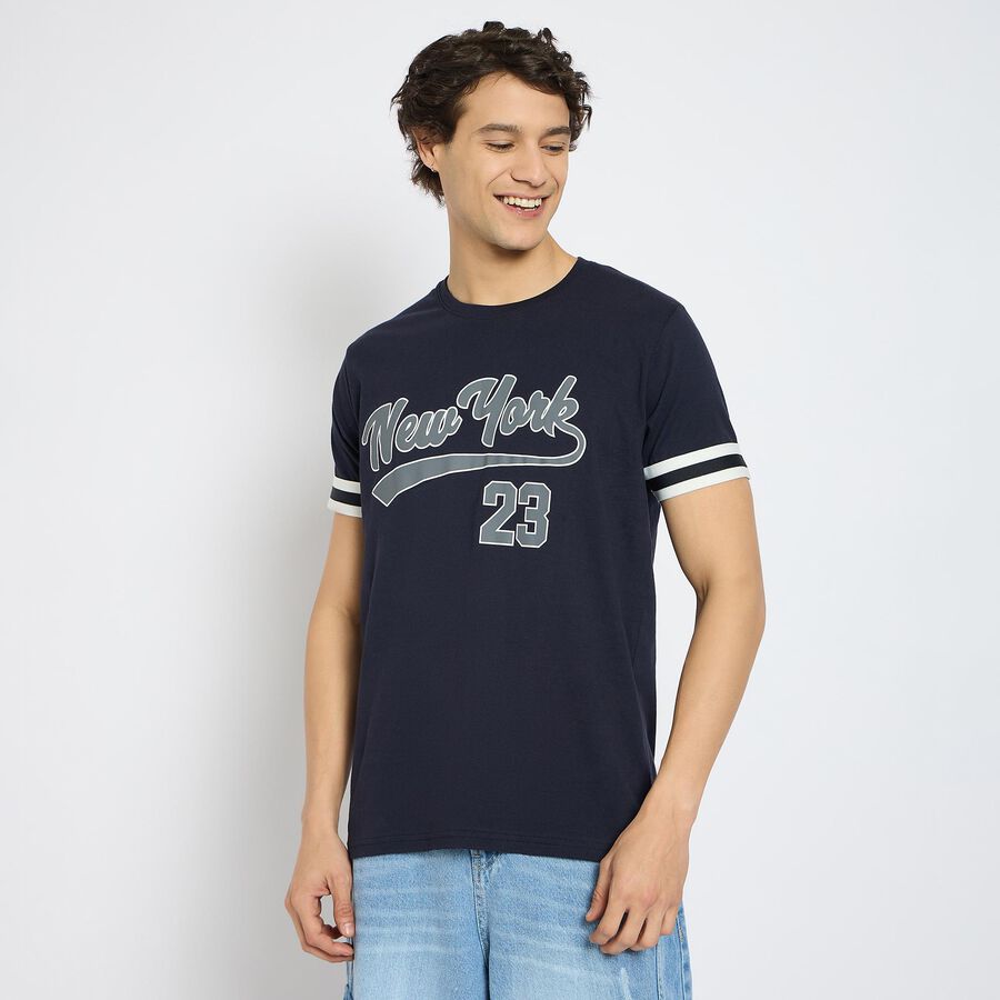 Men's 100% Cotton Round Neck Half Sleeves T-Shirt , नेवी ब्लू, large